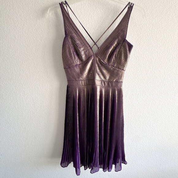 Karen Millen Purple Metallic Plisse Pleated Mini Dress Crisscross Straps Sz 6 - Picture 4 of 14